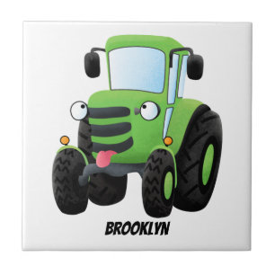 Cute green happy farm tractor cartoon illustration tile
