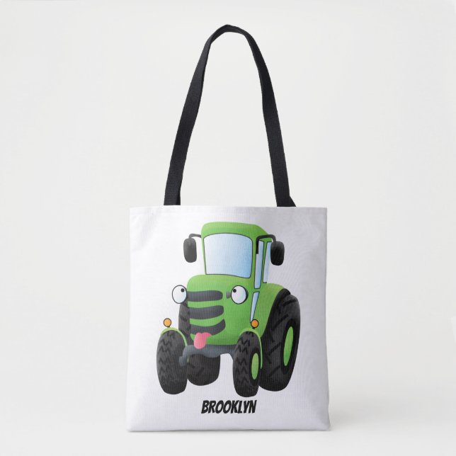 Cute green happy farm tractor cartoon illustration tote bag (Front)