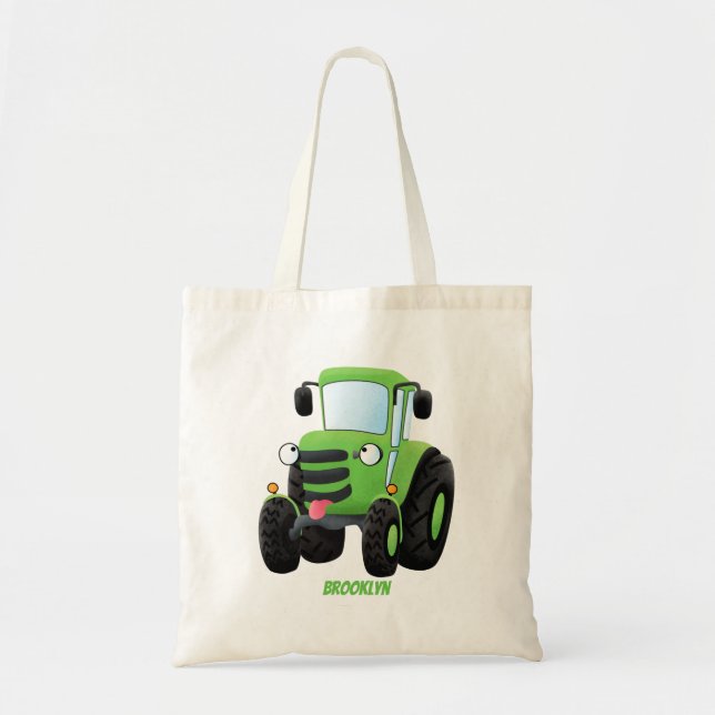 Cute green happy farm tractor cartoon illustration tote bag (Front)