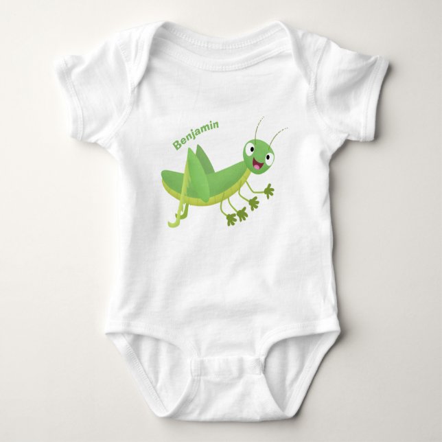 Cute green happy grasshopper cartoon baby bodysuit (Front)