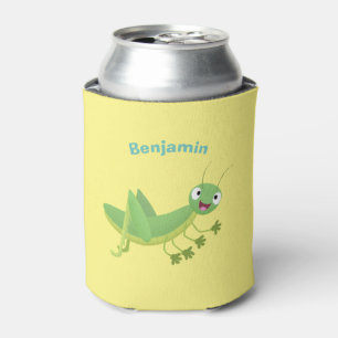 Cute green happy grasshopper cartoon can cooler