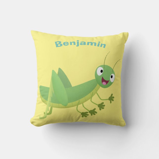 Cute green happy grasshopper cartoon cushion (Front)