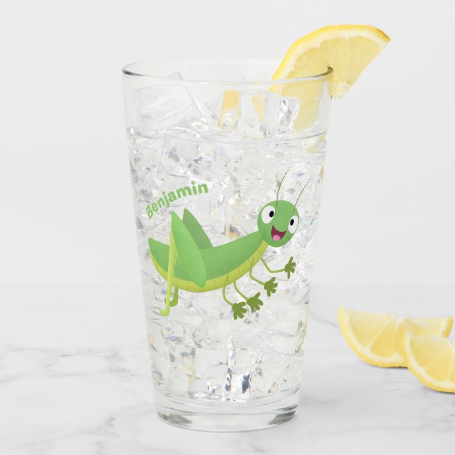 Cute green happy grasshopper cartoon glass (Back Ice)