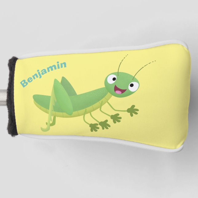 Cute green happy grasshopper cartoon golf head cover (Front)