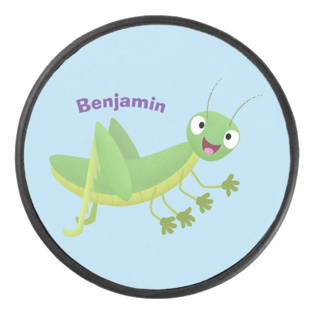 Cute green happy grasshopper cartoon hockey puck (Front)