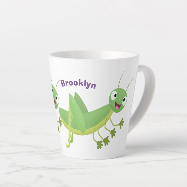 Cute green happy grasshopper cartoon latte mug (Right Angle)