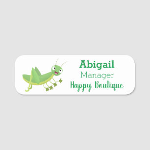 Cute green happy grasshopper cartoon name tag