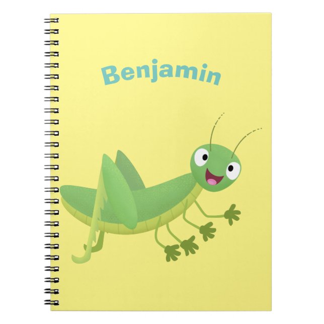 Cute green happy grasshopper cartoon notebook (Front)
