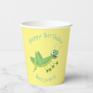Cute green happy grasshopper cartoon paper cups
