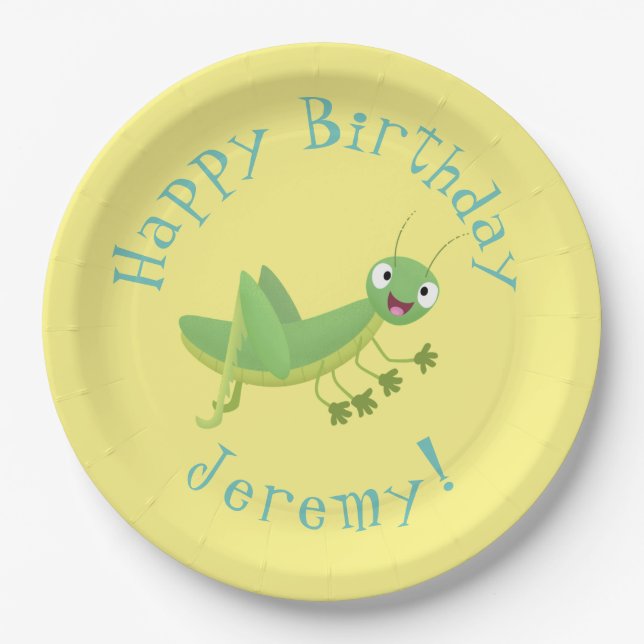 Cute green happy grasshopper cartoon paper plate (Front)