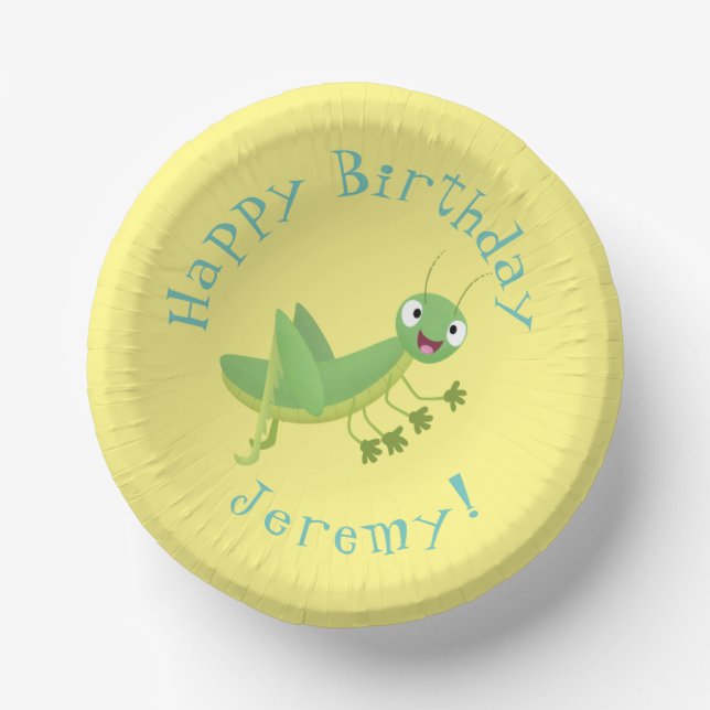 Cute green happy grasshopper cartoon paper plate (Front)
