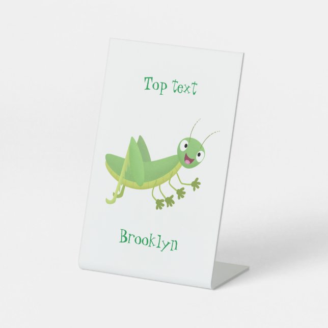 Cute green happy grasshopper cartoon pedestal sign (Front)