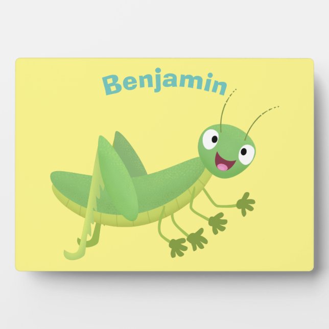 Cute green happy grasshopper cartoon plaque (Front)