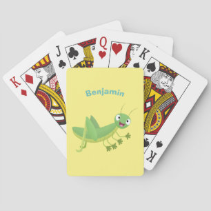 Cute green happy grasshopper cartoon playing cards