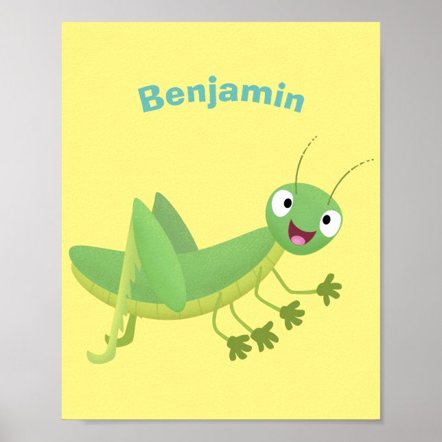 Cute green happy grasshopper cartoon poster (Front)