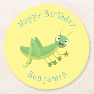 Cute green happy grasshopper cartoon round paper coaster