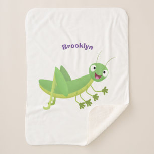 Cute green happy grasshopper cartoon sherpa blanket