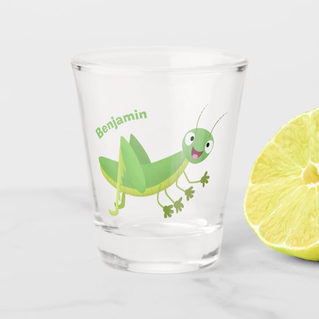 Cute green happy grasshopper cartoon shot glass (Front)
