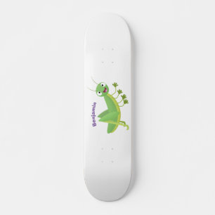 Cute green happy grasshopper cartoon  skateboard