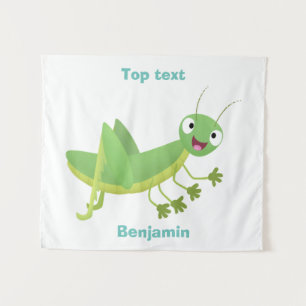 Cute green happy grasshopper cartoon tapestry