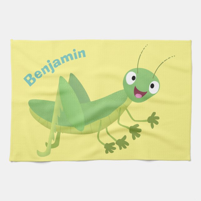 Cute green happy grasshopper cartoon tea towel (Horizontal)