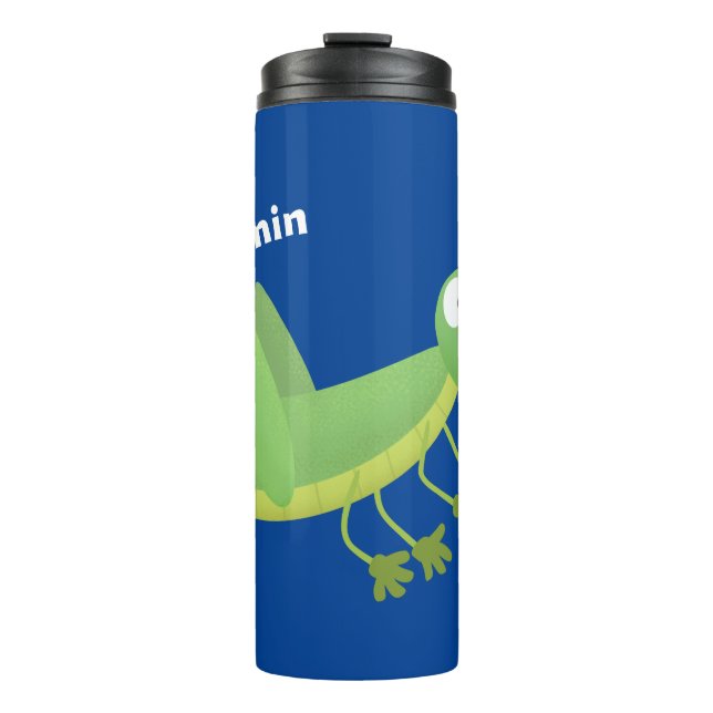 Cute green happy grasshopper cartoon thermal tumbler (Front)