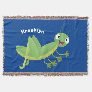 Cute green happy grasshopper cartoon throw blanket