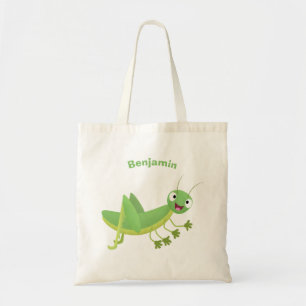 Cute green happy grasshopper cartoon tote bag