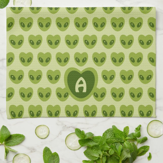 Cute Green Heart-Shaped Alien Pattern Monogram Kit Tea Towel (Folded)
