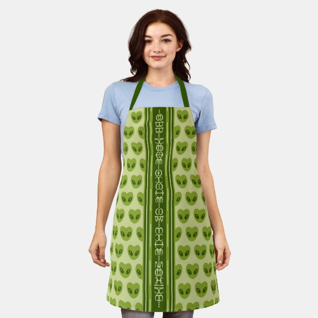 Cute Green Heart-Shaped Alien Your Name in Glyphs Apron (Worn)