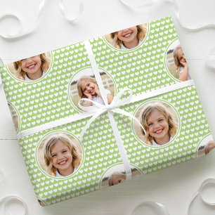 Cute Green Hearts Kids Birthday Photo Wrapping Paper