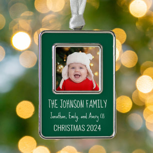 Cute Green Holiday Photo Annual Keepsake Silver Plated Framed Ornament