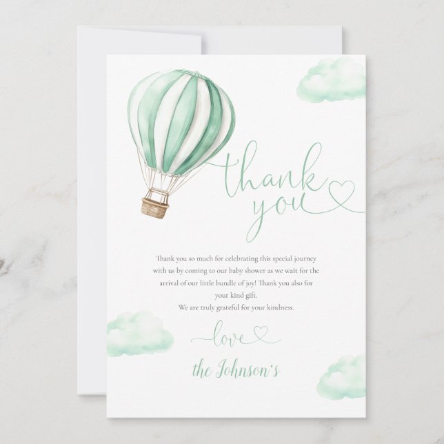 Cute Green Hot Air Balloon Baby Shower Thank You Card (Front)