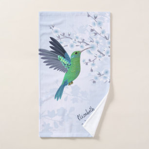Cute Green Hummingbird Cherry Blossom Add Name  Hand Towel