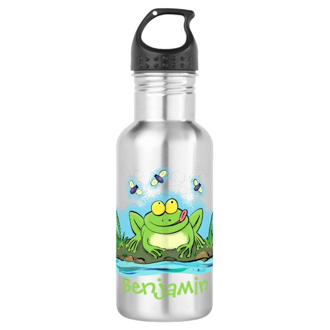 Cute green hungry frog cartoon illustration 532 ml water bottle (Front)