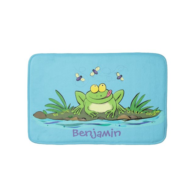 Cute green hungry frog cartoon illustration bath mat (Front)