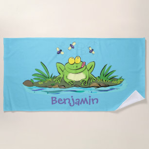 Cute green hungry frog cartoon illustration beach towel