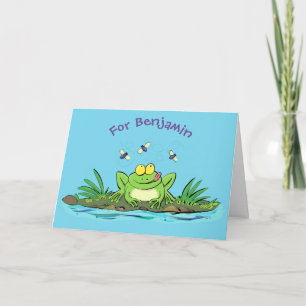 Cute green hungry frog cartoon illustration card