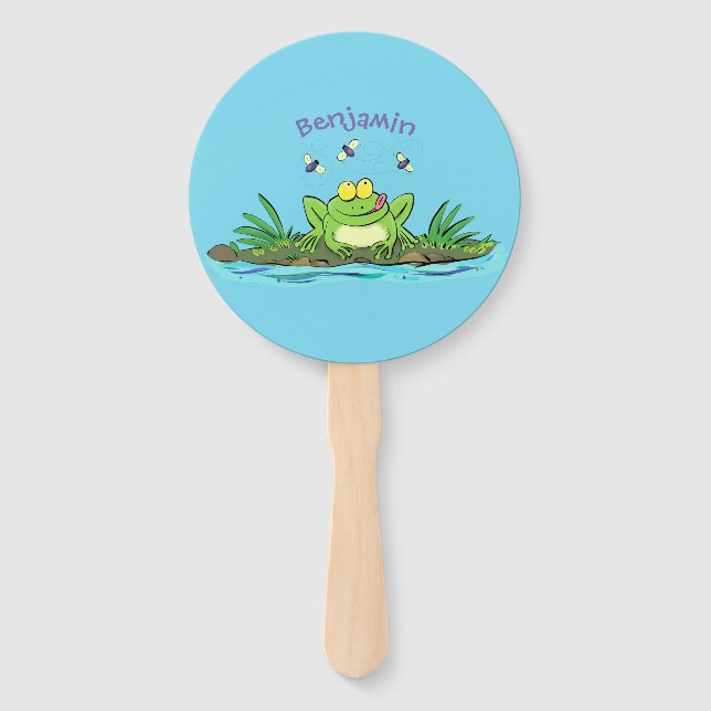 Cute green hungry frog cartoon illustration hand fan (Front)