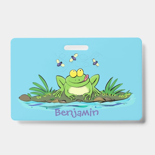 Cute green hungry frog cartoon illustration ID badge (Front)