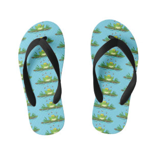 Cute green hungry frog cartoon illustration kid's jandals