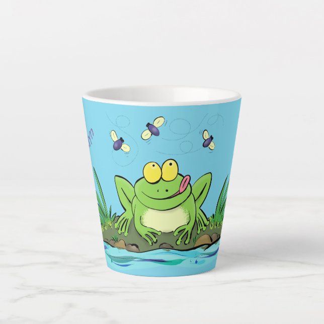Cute green hungry frog cartoon illustration latte mug (Front)