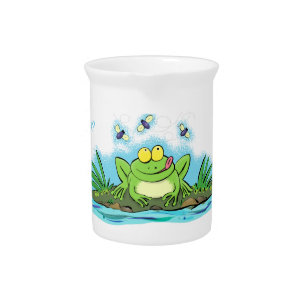 Cute green hungry frog cartoon illustration pitcher
