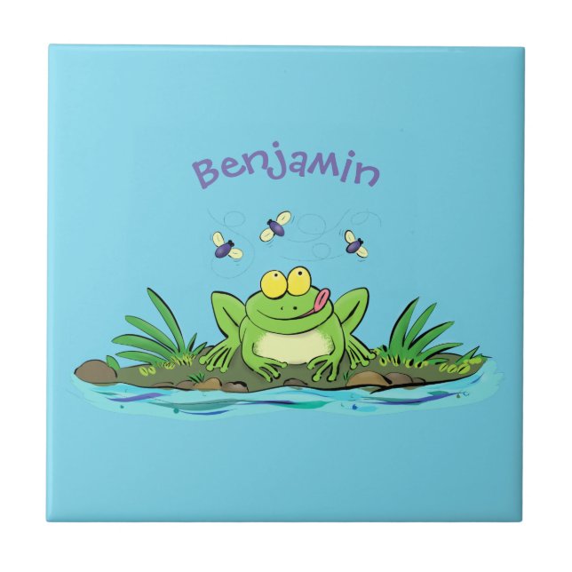 Cute green hungry frog cartoon illustration tile (Front)