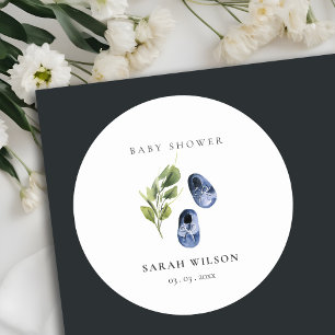 Cute Green Ink Blue Boy Shoes Foliage Baby Shower Classic Round Sticker