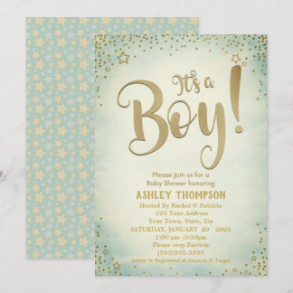 Cute Green It's a Boy Stars Baby Shower Invitation