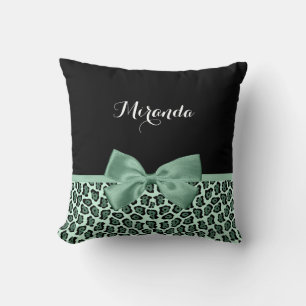 Cute Green Jaguar Print Girly Jade Bow and Name Cushion