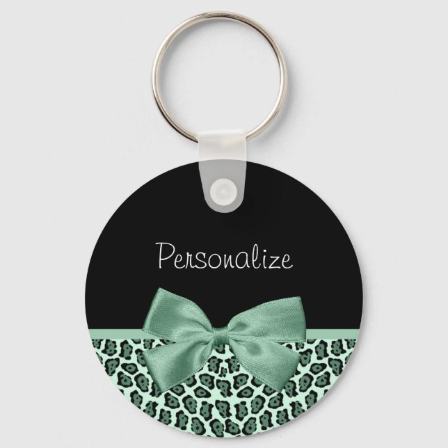 Cute Green Jaguar Print Girly Jade Bow and Name Key Ring (Front)