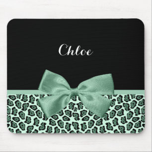 Cute Green Jaguar Print Girly Jade Bow and Name Mouse Pad