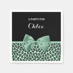 Cute Green Jaguar Print Girly Jade Bow and Name Napkin